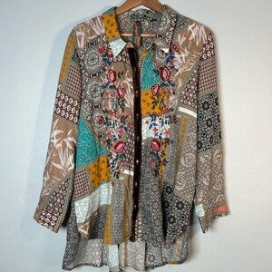 Aratta “Luna” Embroidered Patchwork Floral Button-Down Shirt - Beige Multi